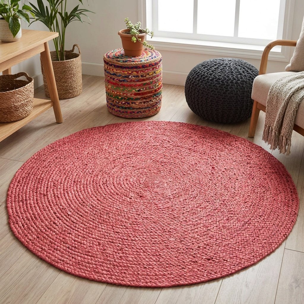 Tappeto rotondo in iuta intrecciata rosa Pink braided round jute rug