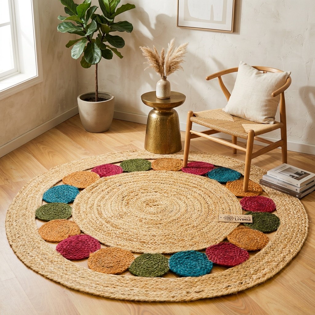 Tappeto rotondo in juta con medaglioni colorati Round coloured medallion jute rug