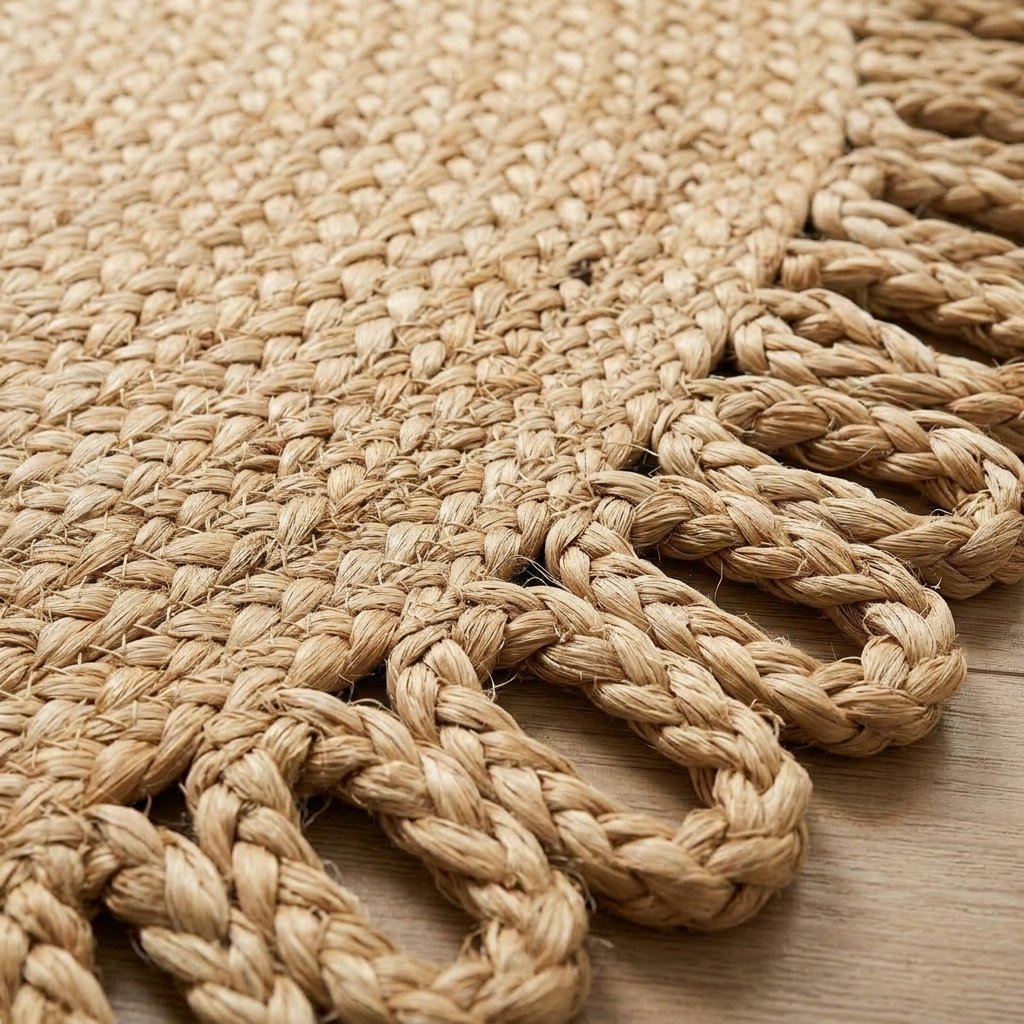 Tappeto rotondo in iuta con anello smerlato Round scalloped loop jute rug