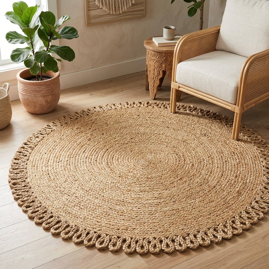 Tappeto rotondo in iuta con anello smerlato Round scalloped loop jute rug