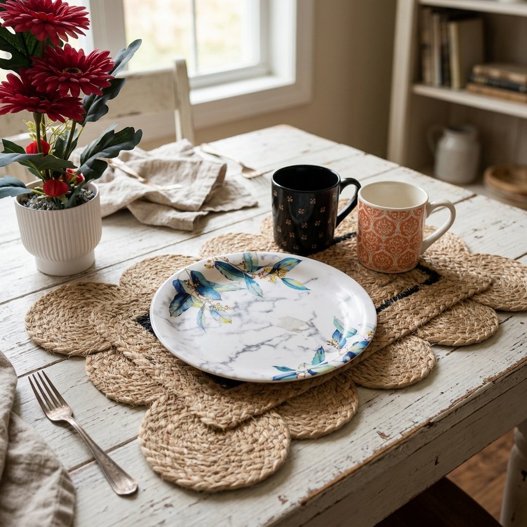 Tovagliette di iuta smerlate con finiture nere Scalloped jute placemats with black trim