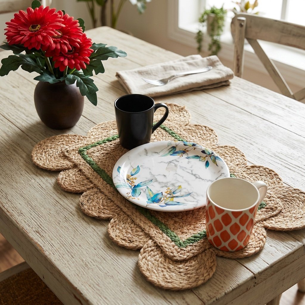 Tovagliette di iuta smerlate con bordi verdi Scalloped jute placemats with green trim