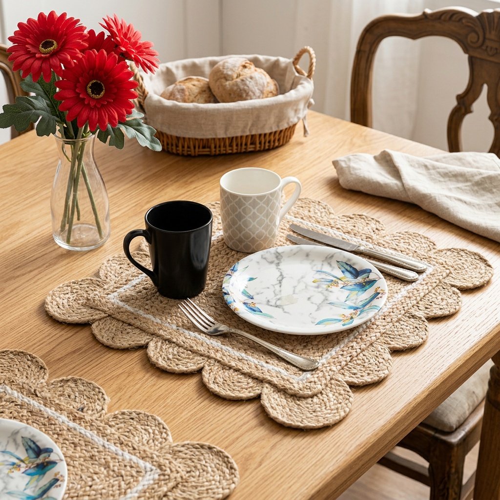 Tovagliette di iuta smerlate con bordo bianco Scalloped jute placemats with white trim