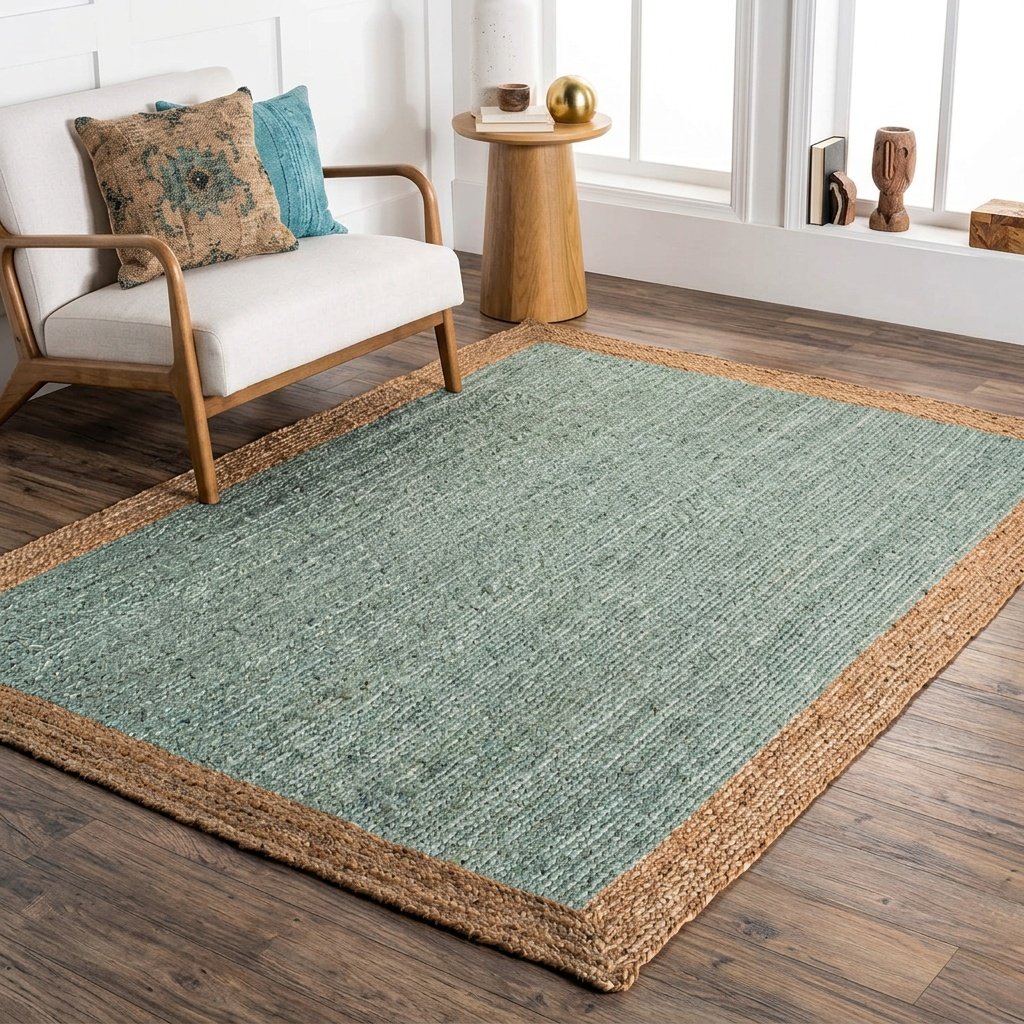 Tappeto in iuta turchese con bordo naturale Turquoise jute rug with natural border