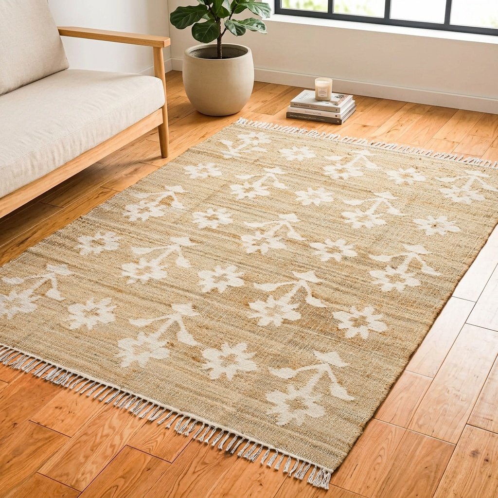Tappeto in cotone e iuta a fiori bianchi White flower cotton and jute rug