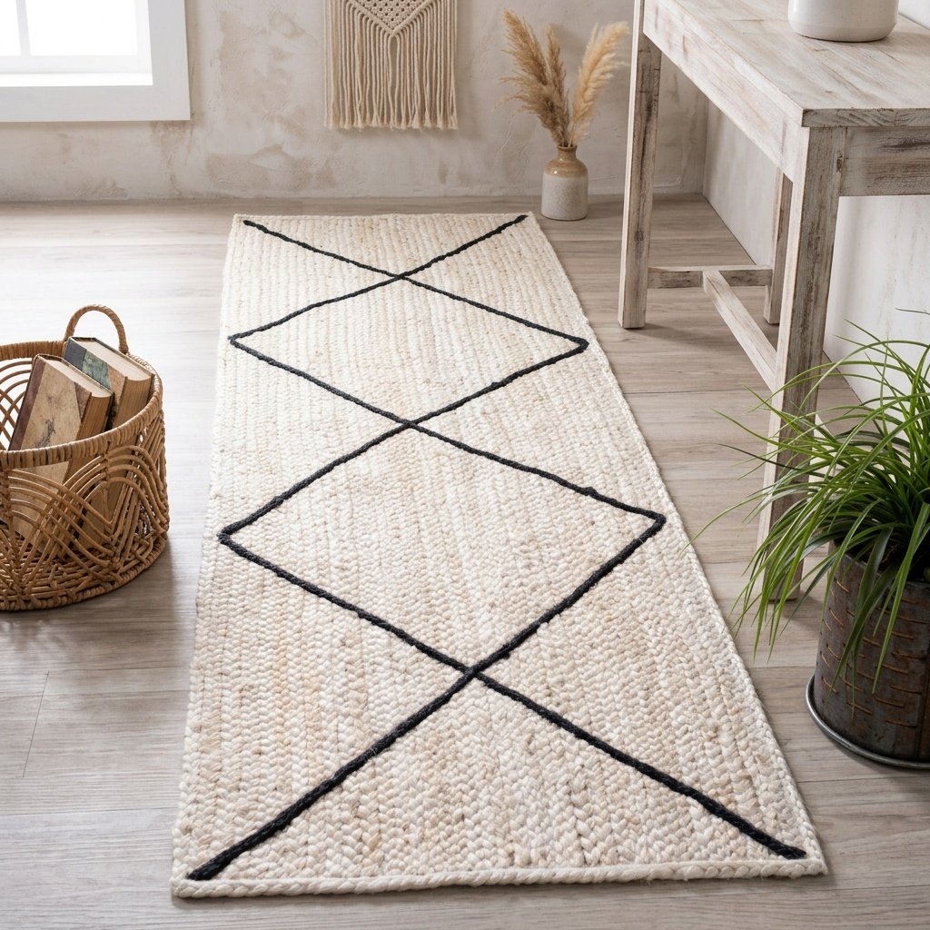 Tappeto in juta bianca con diamante nero testurizzato White jute rug with textured black diamond