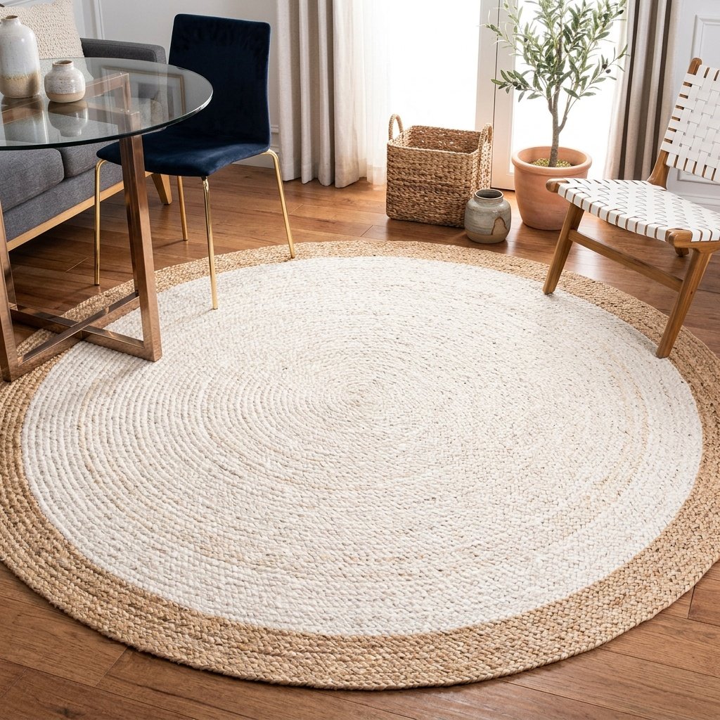 Tappeto rotondo in iuta bianco con bordo beige White round jute rug with beige border