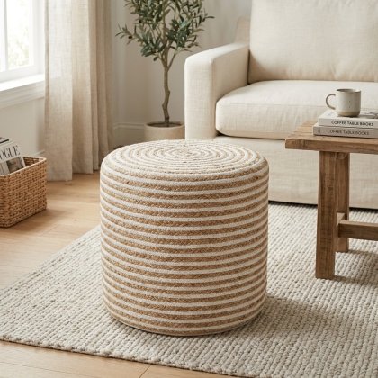 White striped braided cotton and jute ottoman
