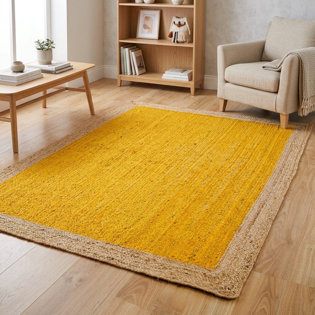Tappeto giallo in iuta intrecciata con bordo naturale Yellow braided jute rug with natural border