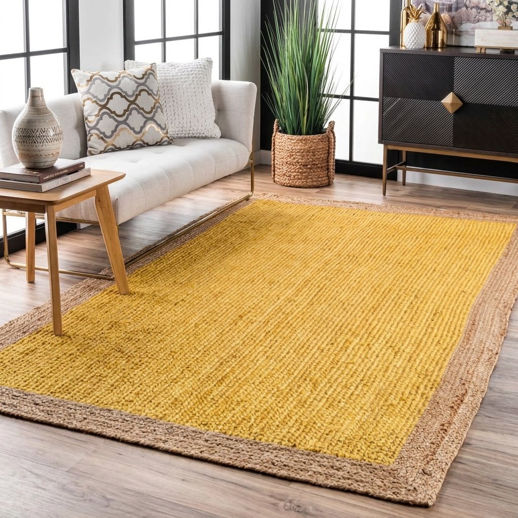 Tappeto in iuta giallo con bordo naturale Yellow jute rug with natural border