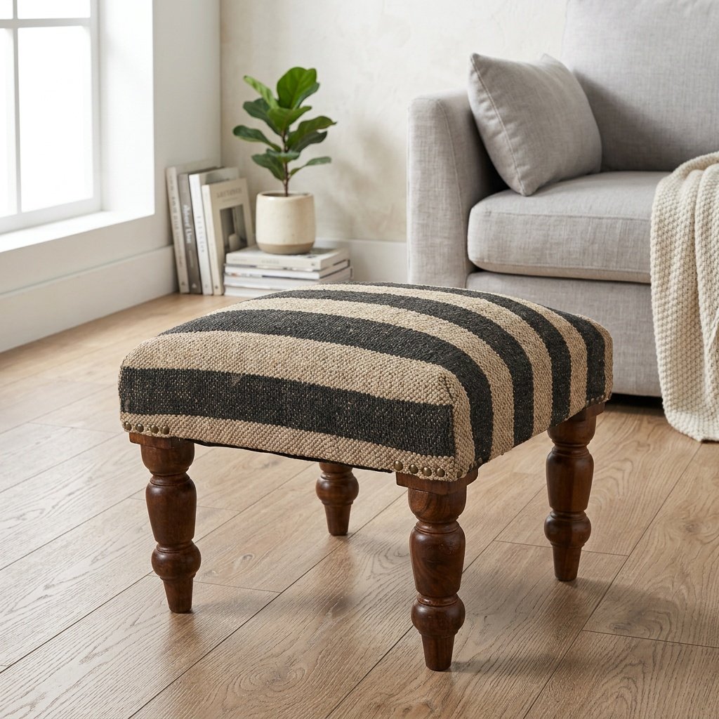 Pouf poggiapiedi in iuta a righe nere Black striped jute footsool ottoman
