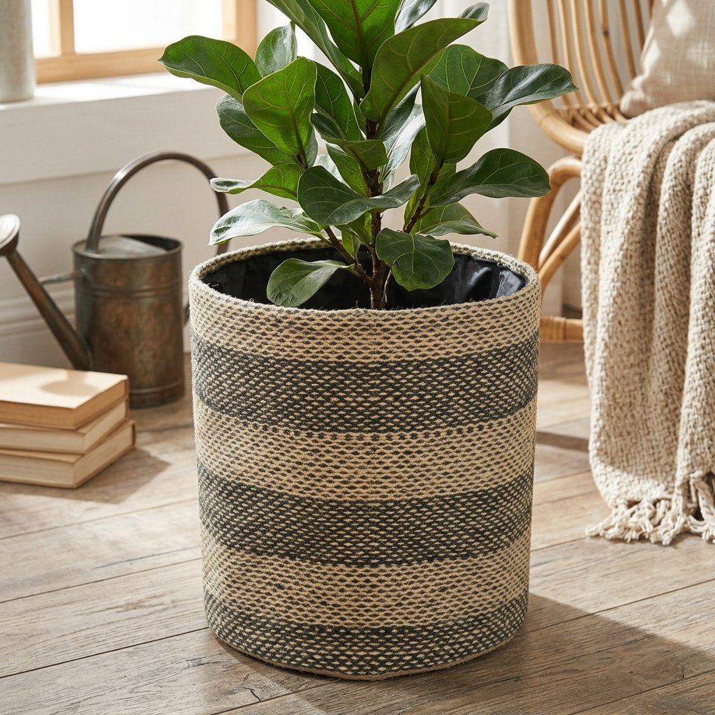 Cestino rotondo in iuta a righe verdi Green stripe jute round basket