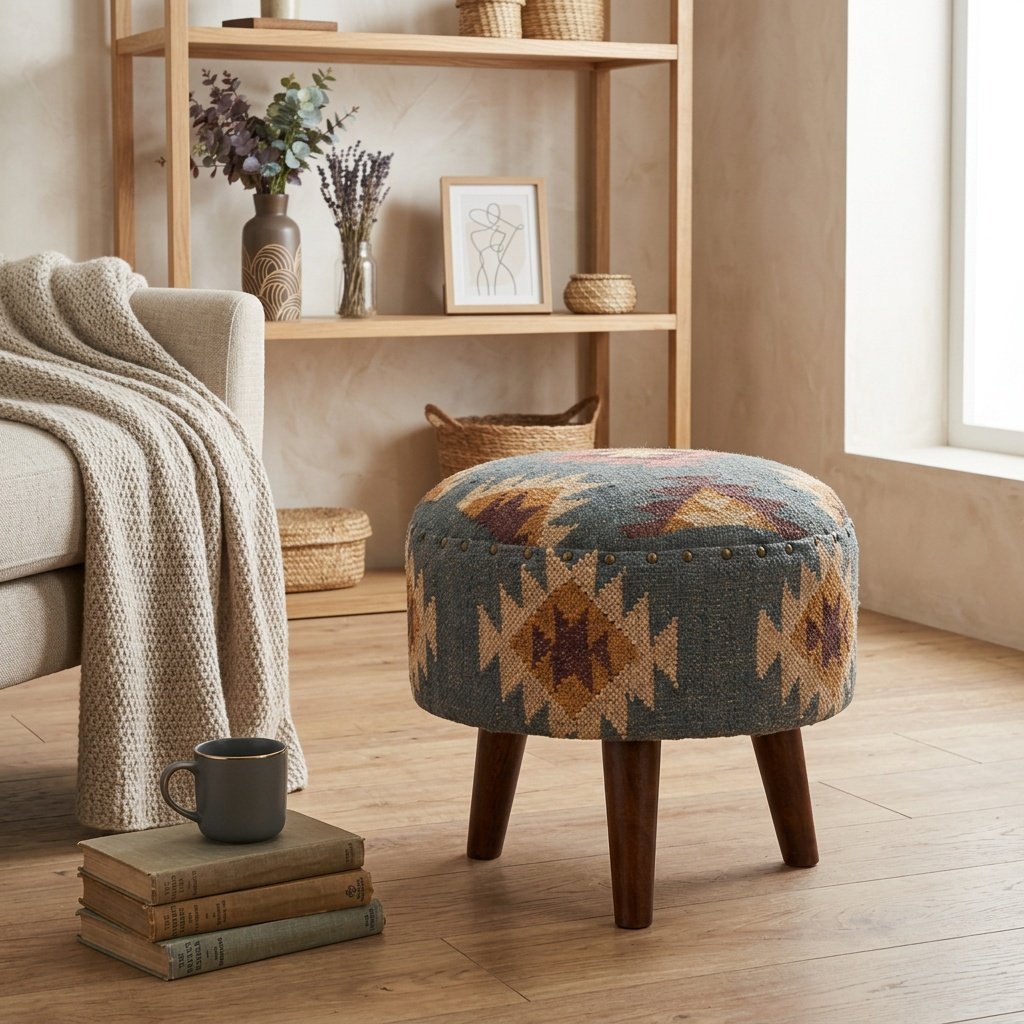 Pouf kilim rotondo in lana e juta grigio Grey round wool and jute kilim ottoman