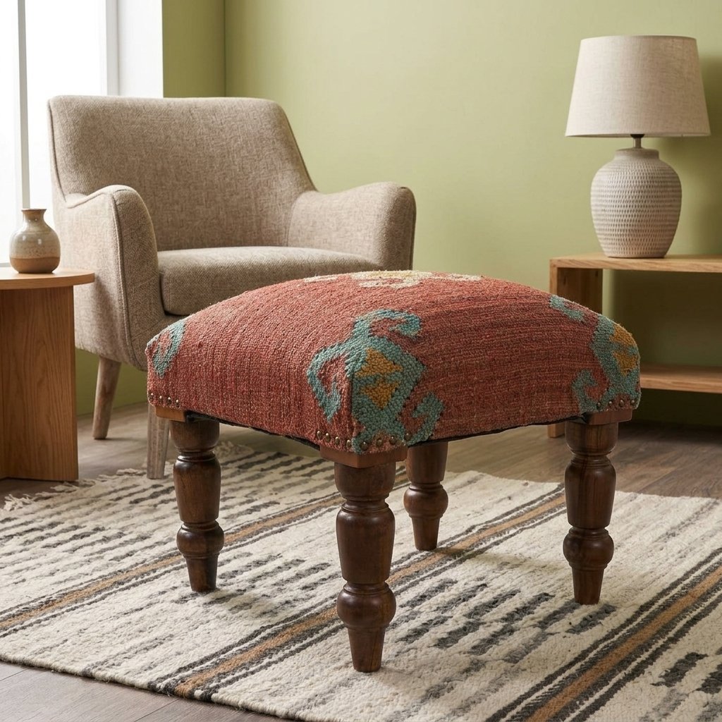 Sgabello ottomano Navajo in iuta rossa Navajo red jute ottoman stool