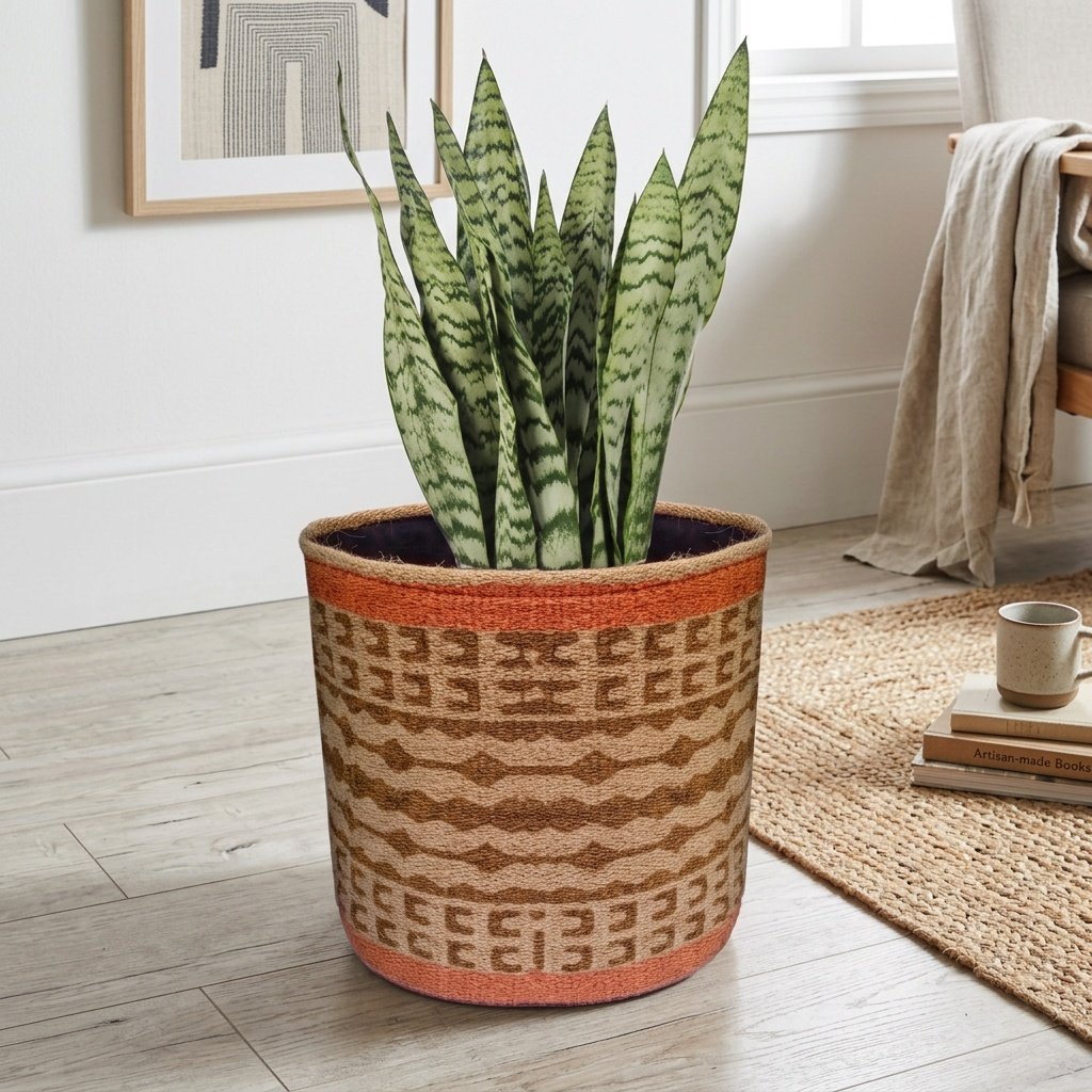 Cestino rotondo in juta kilim con bordo arancione Orange border kilim jute round basket