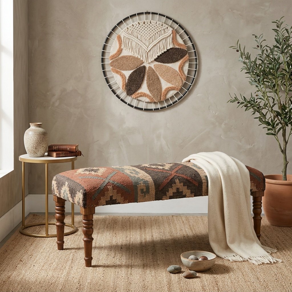 Panca orientale con pouf in lana e juta Oriental wool and jute kilim ottoman bench