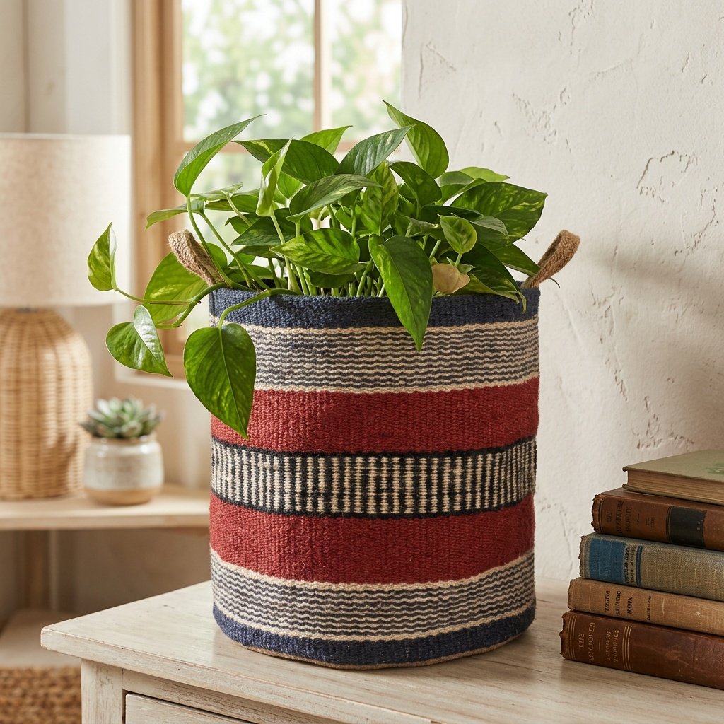 Cestino in iuta color ruggine e blu scuro per piante Rust and navy jute basket for plant