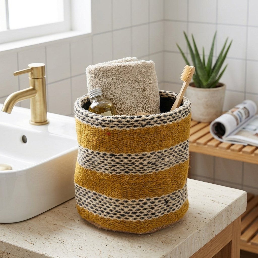 Cestino in juta a righe gialle per il bagno Yellow stripe jute basket for bathroom